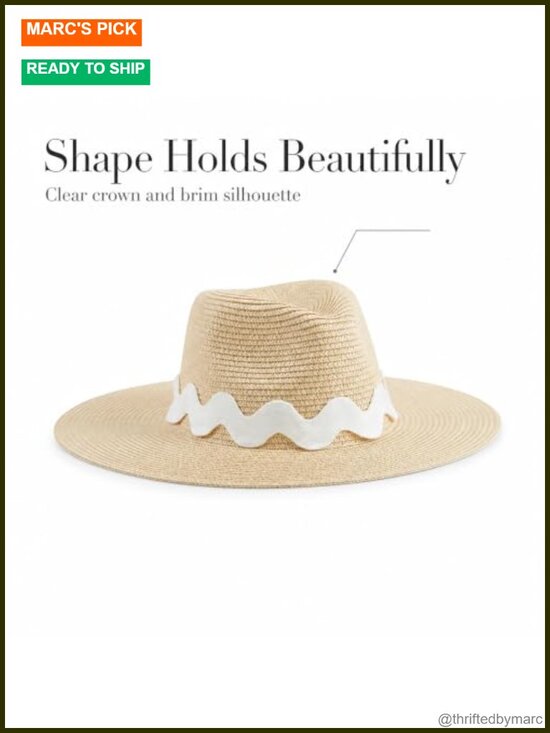 Woven Paper Straw Fedora with Ric Rac Trim, Adjustable Strap